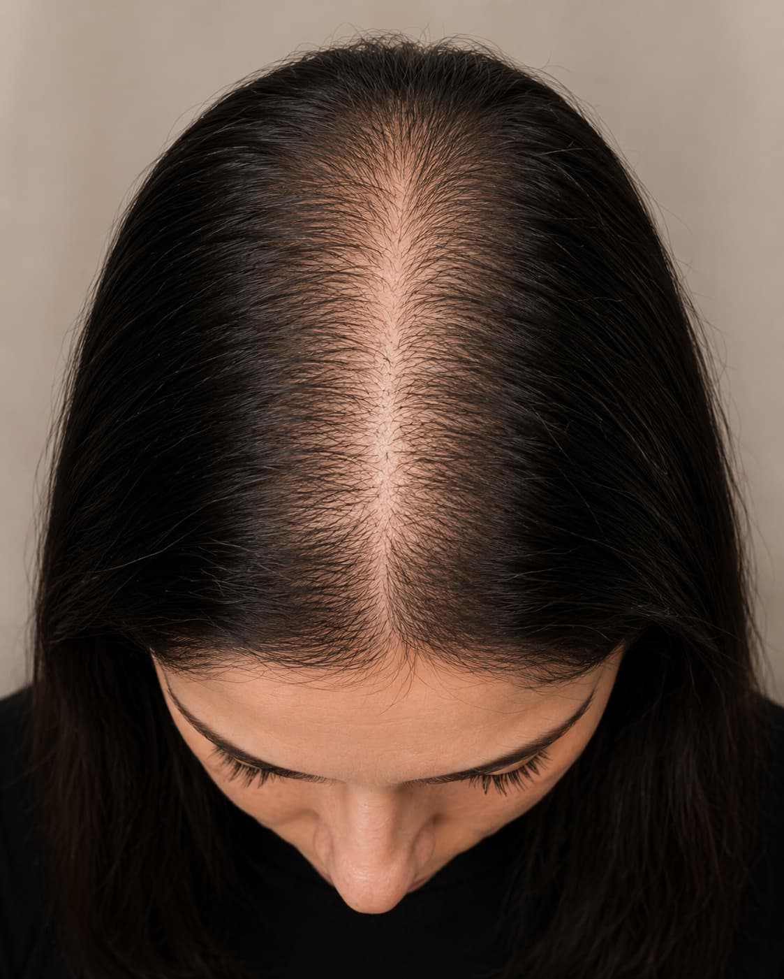 Case 03 · Before — scalp parting, top-down
