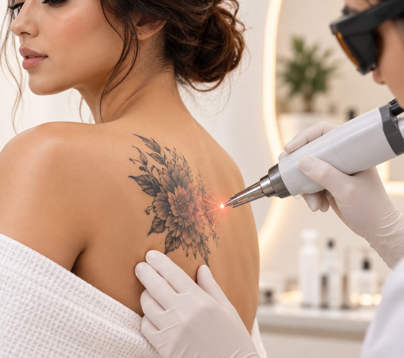 Q-switched laser handpiece applied to tattooed skin during a removal session